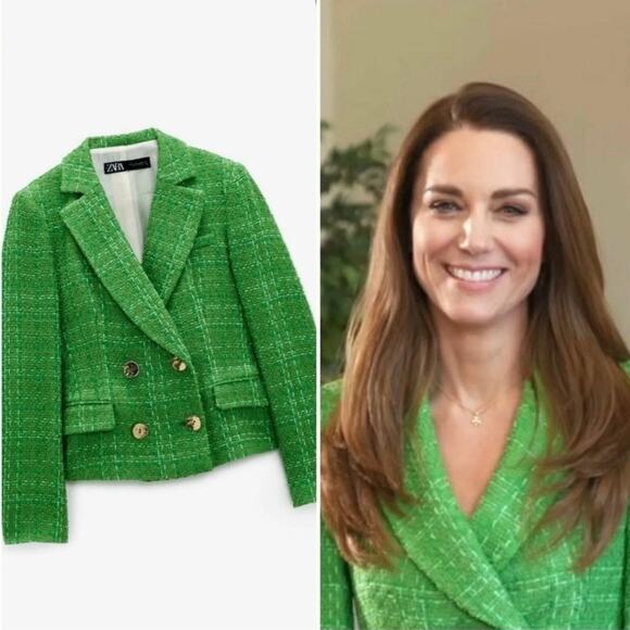 Zara Kate Middleton Textured Tweed Boucle Apple Green Gold Button Cropped Blazer - Picture 1 of 14